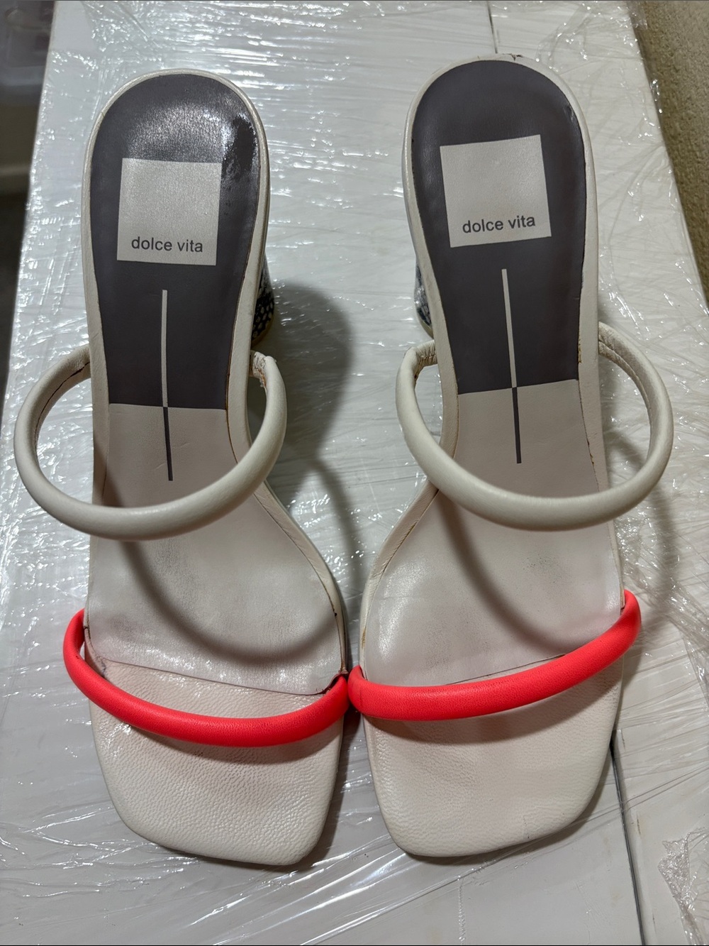 Dolce Vita White Sandals with Coral Pink Accent